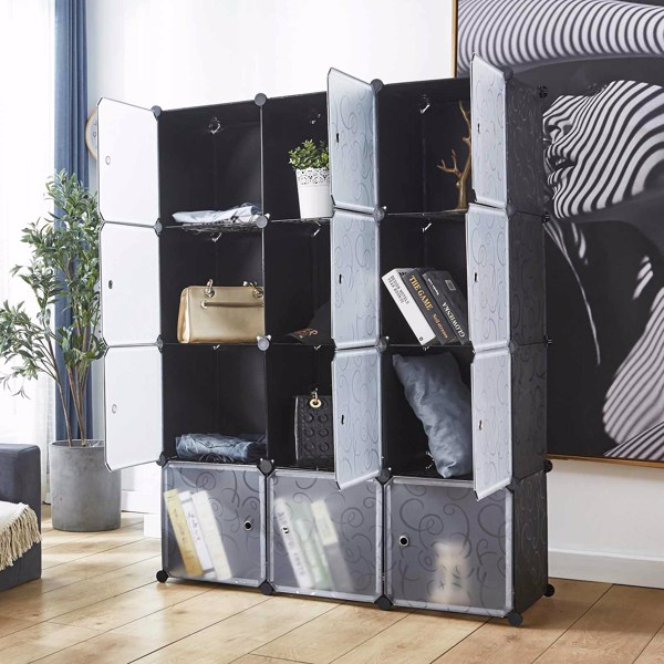 CAMORSA 14" x 14" 12 Cubes Storage Organizer with Doors - Add Metal Panel, Portable Closet Storage Cube Wardrobe Armoire, DIY Modular Cabinet Shelves, Storage for Clothes, Books, Shoes, Toys