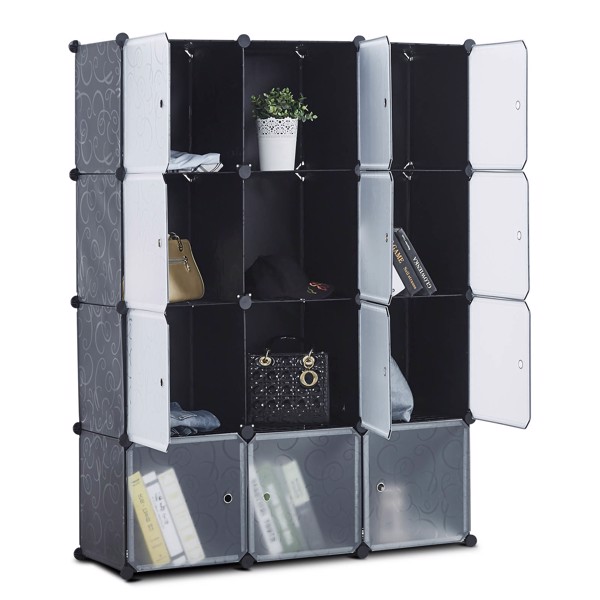 CAMORSA 14" x 14" 12 Cubes Storage Organizer with Doors - Add Metal Panel, Portable Closet Storage Cube Wardrobe Armoire, DIY Modular Cabinet Shelves, Storage for Clothes, Books, Shoes, Toys