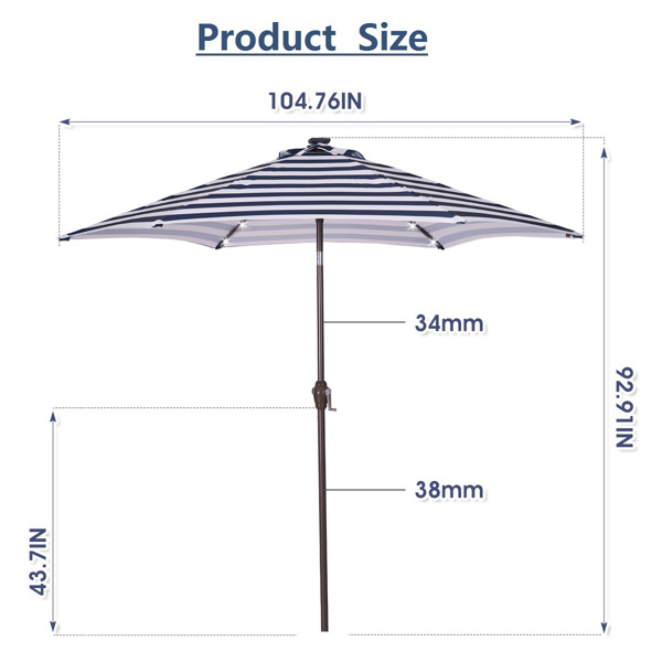Outdoor Patio 8.7-Feet Market Table Umbrella with Push Button Tilt and Crank, Blue White Stripes With 24 LED Lights[Umbrella Base is not Included]