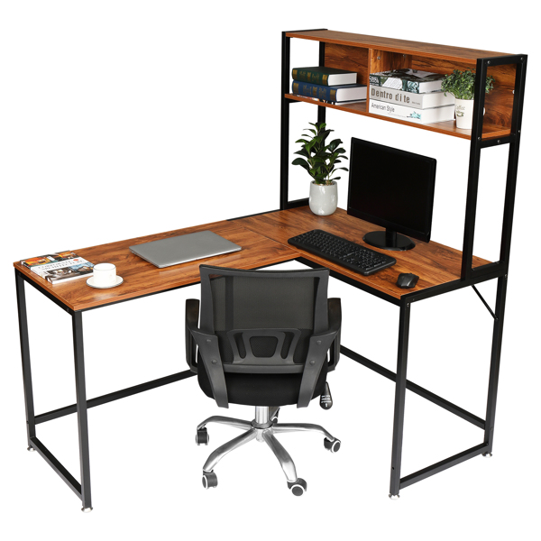 Retro Color Panel, Black Steel Frame Particle Board Pasted With Triamine L-Shaped Right Angle Desk With Shelf Layer Computer Desk