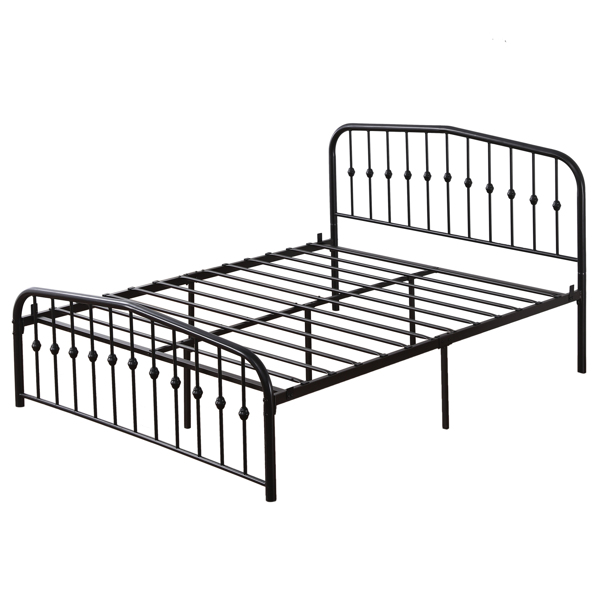 Single-Layer Curved Frame Bed Head and Foot Center Raised Vertical Pipe with Ball Decoration Queen Black Iron Bed