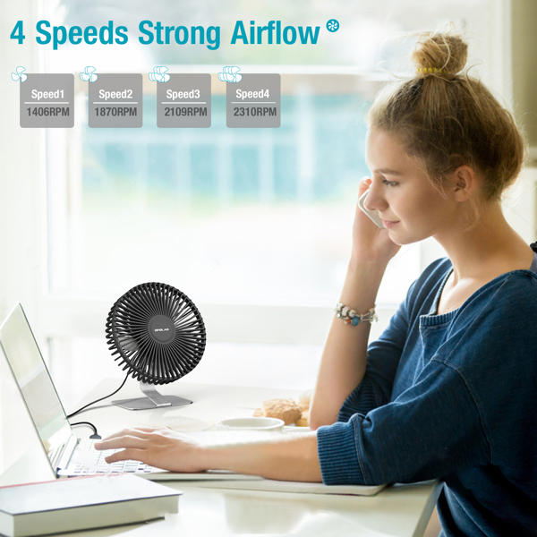 (ABC)6 INCH USB Desk Fan with Upgraded Strong Airflow, 4 Speeds, Whisper Quiet Desktop Office Table Fan, 90° Adjustable Tilt Angle for Better Cooling,4.9 ft Cord, Silver（亚马逊禁售)