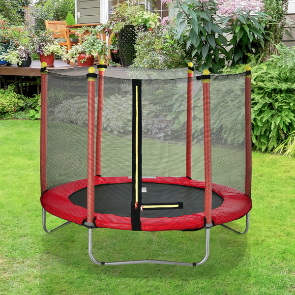 60" Round Outdoor Trampoline with Enclosure Netting Red