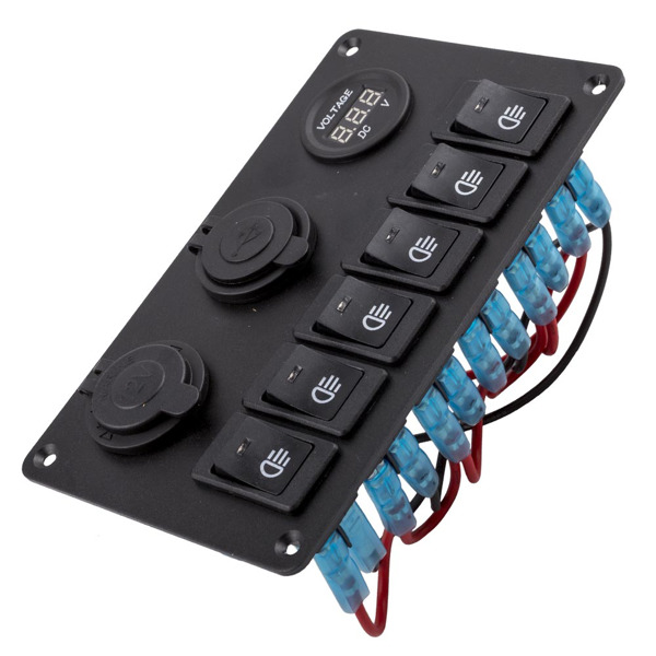 6 Gang Blue LED Rocker Switch Panel Car Truck Auto Marine Boat Circuit Dual USB