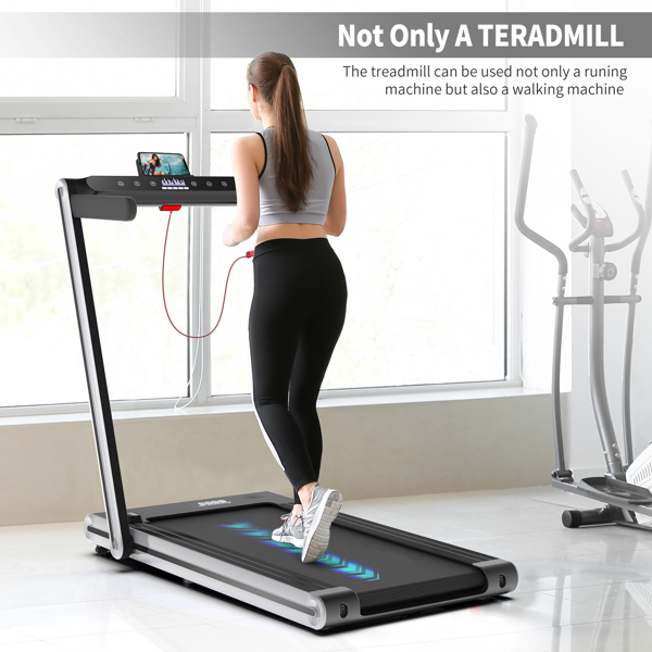 2 in 1 Folding Treadmill, 2.3HP Under Desk Electric Treadmill, Installation-Free with Bluetooth Speaker, Remote Control and LED Display, Walking Jogging for Home Office Use-silver