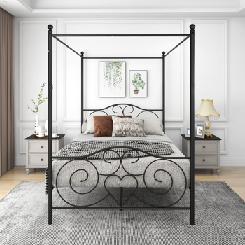 Metal Canopy Bed Frame with Vintage Style Headboard & Footboard / Easy DIY Assembly/ All Parts Included, Full Black