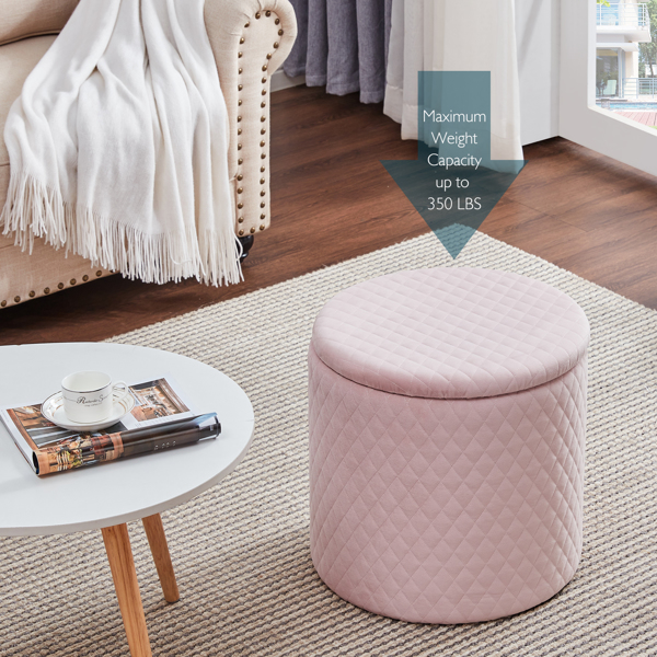 45cm Velvet Round Footstool Storage Ottoman Stool, Oversized Padded Seat Pouffes Vanity Chair with Lattice Design Lids Footrest for Living Room Bedroom (Pink)