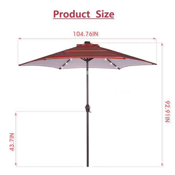 Outdoor Patio 8.7-Feet Market Table Umbrella with Push Button Tilt and Crank, Red Stripes With 24 LED Lights[Umbrella Base is not Included]