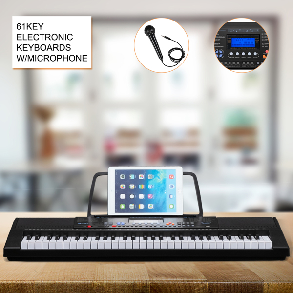 【Do Not Sell on Amazon】Glarry GEP-104 61 Key Portable Keyboard with Piano Stand, Piano Bench, Built In Speakers, Headphone, Microphone, Music Rest, LCD Screen, USB Port & 3 Teaching Modes for Beginner