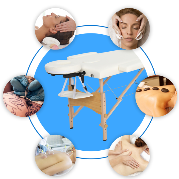 84" 2 Sections Folding Portable Beech Leg Beauty Massage Table 60CM Wide Adjustable Height White 