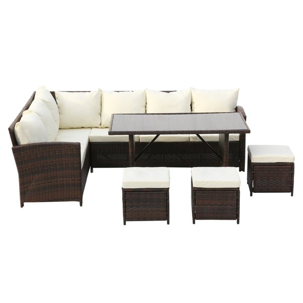 9-Seater Rattan Furniture Outdoor Sofa Dining Table With Free Rain Cover Black Silk Screen Glass Beige Sofa Cover  Brown Gradient Rattan Rattan Multi-Piece Cover 