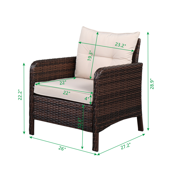 2pcs Single Sofa、2pcs Footstool &1pc Coffee Table  Round Corner Armrests Five-Piece Rattan Set Brown Gradient 