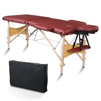 84\\" 2 Sections Folding Portable Beech Leg Beauty Massage Table 60CM Wide Adjustable Height Wine Red 