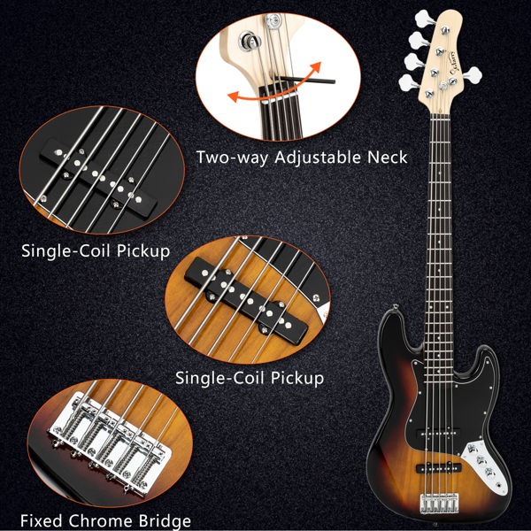 【Do Not Sell on Amazon】Full Size Glarry Gjazz Electric 5 String Bass Guitar 20W Amplifier Bag Strap Pick Connector Wrench Tool Sunset Color