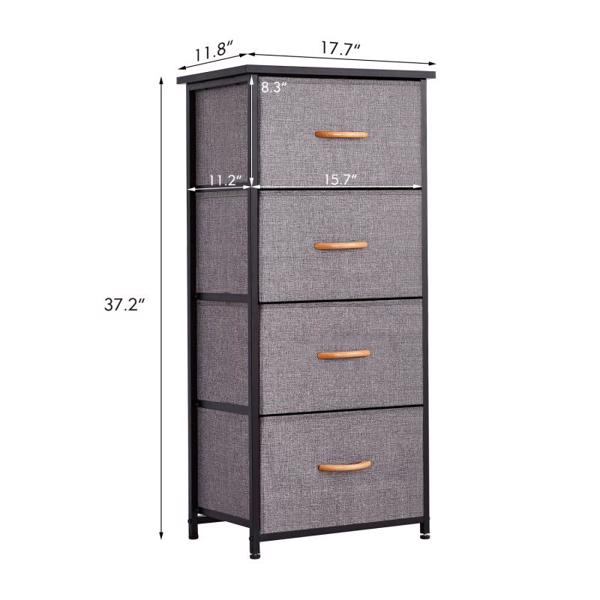4 Drawers Dresser Narrow Storage Tower Nightstand With Sturdy Steel Frame Waterproof Solid Wood Top, Easy Pull Fabric Bins, Wood Handles, Organizer Unit for Bedroom, Hallway, Entryway, Closets