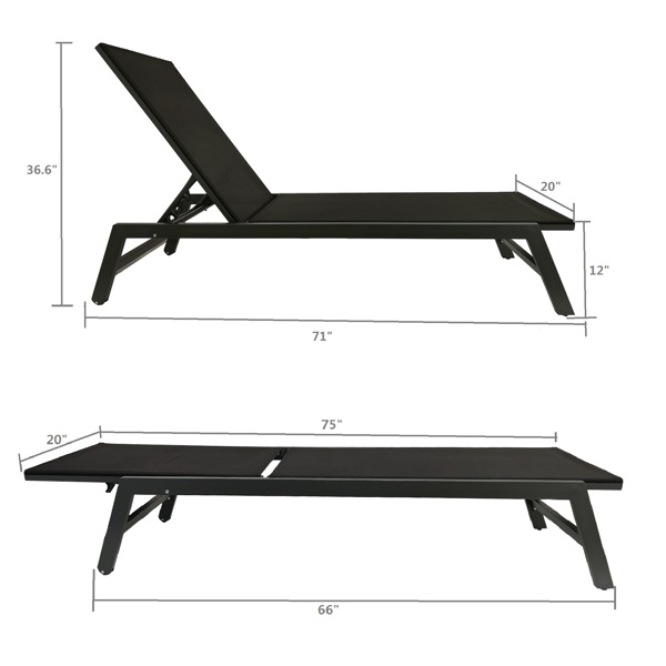 Outdoor 2-Pcs Set Chaise Lounge Chairs, Five-Position Adjustable Aluminum Recliner,All Weather For Patio, Beach, Yard, Pool ( Gray Frame/ Black Fabric) [Sale to Temu is Banned.Weekend can not be shipp