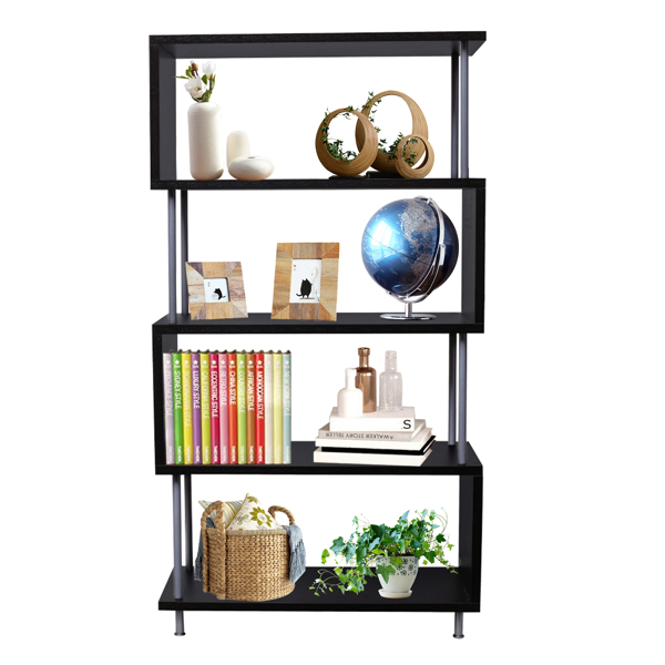 S-Shaped 5 Shelf Bookcase, Wooden Z Shaped 5-Tier Vintage Industrial Etagere Bookshelf Stand for Home Office Living Room Decor Books Display（Dark Brown）