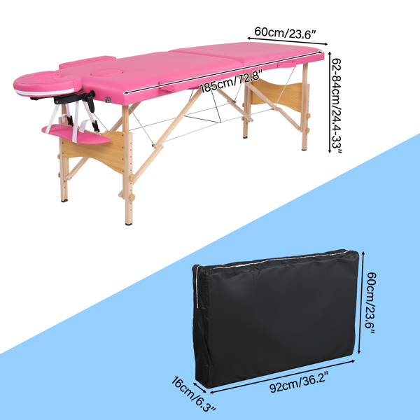 84" 2 Sections Folding Portable Beech Leg Beauty Massage Table 60CM Wide Adjustable Height Pink