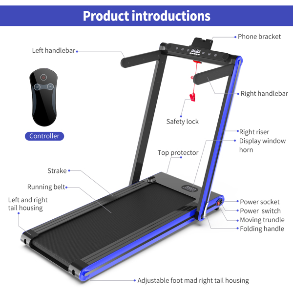 2 in 1 Folding Treadmill, 2.3HP Under Desk Electric Treadmill, Installation-Free with Bluetooth Speaker, Remote Control and LED Display, Walking Jogging for Home Office Use-Blue