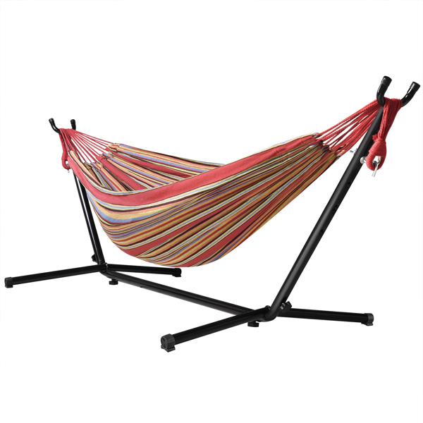Outdoor hammock set includes 102*45*38 inch black steel bracket, 6.7*5 feet polyester cotton red striped hammock cloth, suitable storage bag, manual, can carry 450 pounds, courtyard party outskirts