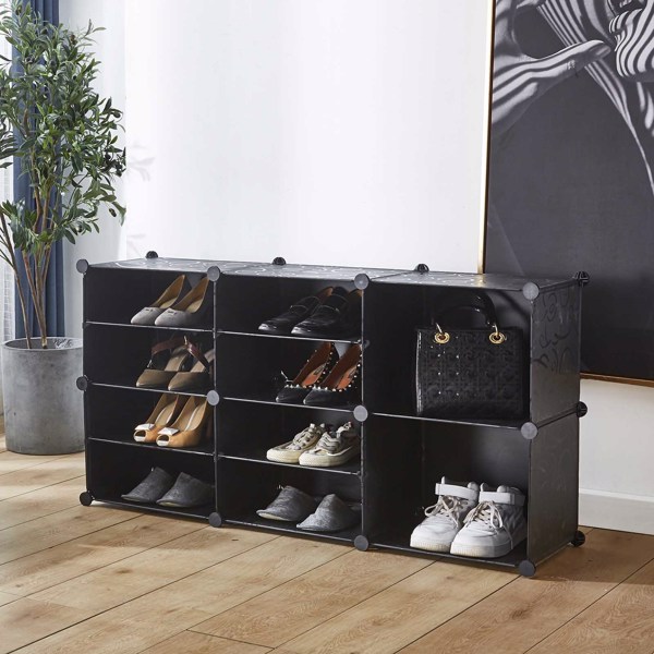 Portable Shoe Rack Organizer 10 Cube Organizer Stackable Plastic Cube Storage Shoe Rack 4 Tier Storage Shoe Cabinet for 18 Pair for Heels, Boots, Slippers