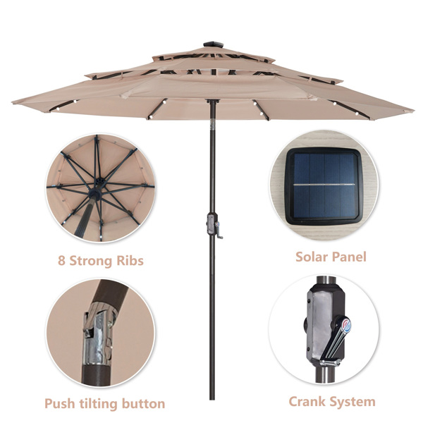 3 Tiers And 8 Ribs Outdoor Umbrella With 32 LED Lights,Patio Table Umbrella with Push Button Tilt And Crank,Beige