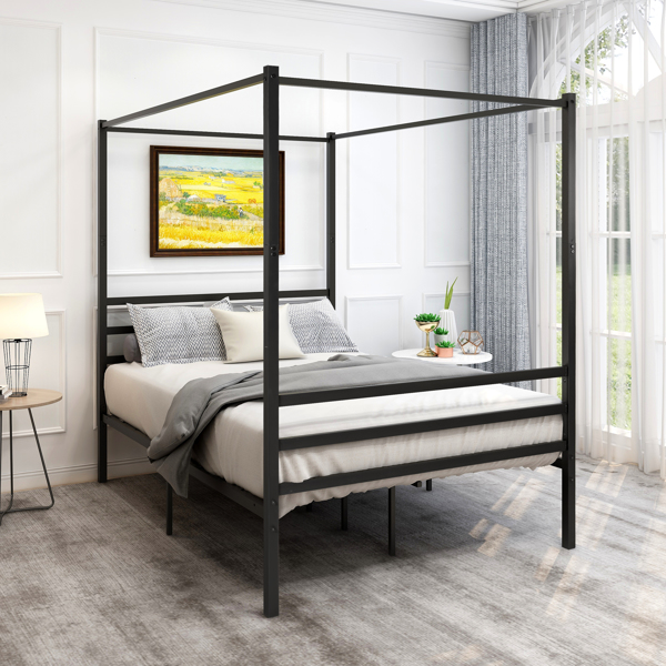 Canopy Metal Bed with Headboard Mattress Foundationt Platform Frame Metal Slat, Black Twin Size