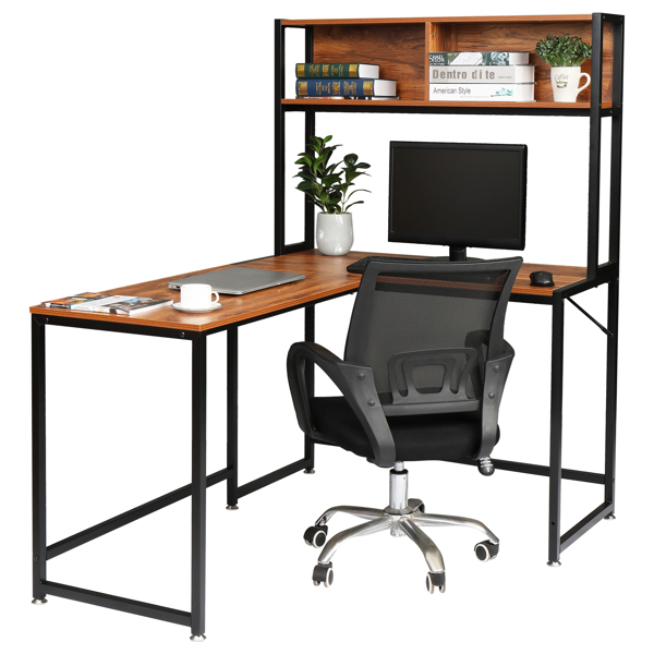 Retro Color Panel, Black Steel Frame Particle Board Pasted With Triamine L-Shaped Right Angle Desk With Shelf Layer Computer Desk