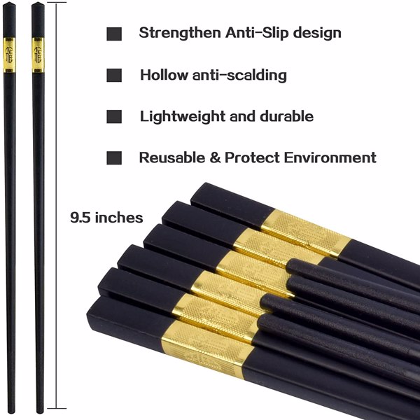 SVIN 12 Pairs Fiberglass Chopsticks - Reusable Chopsticks Dishwasher Safe, Chinese Japanese Korean Chop sticks, Non-Slip, 9 1/2 inches, Durable Chopsticks with Case - Gold
