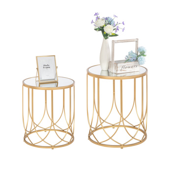 FCH End Table Side Table Glass Top Metal Frame Geo Eyelet Pattern Accent Table for Living Room Golden