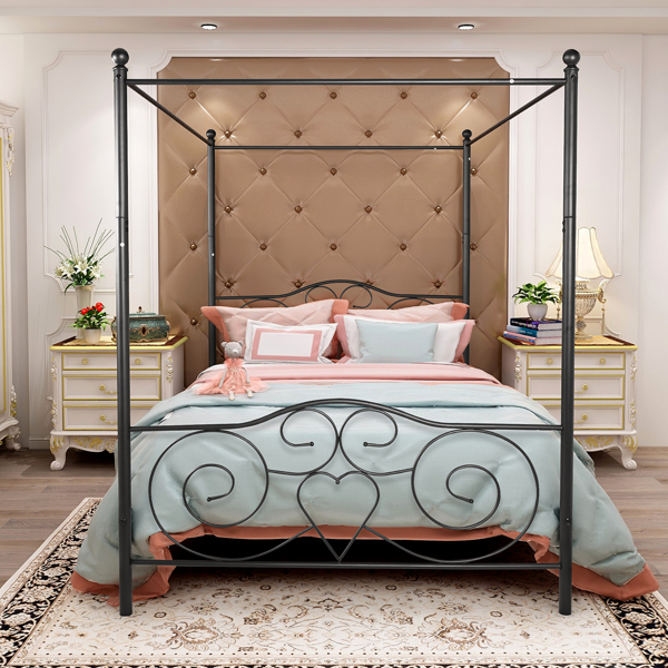 Metal Canopy Bed Frame with Vintage Style Headboard & Footboard / Easy DIY Assembly/ All Parts Included, Queen Black