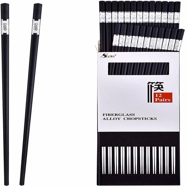SVIN 12 Pairs Fiberglass Chopsticks - Reusable Chopsticks Dishwasher Safe, Chinese Japanese Korean Chop sticks, Non-Slip, 9 1/2 inches, Durable Chopsticks with Case - Silver