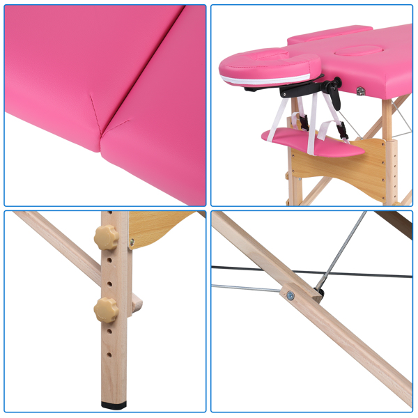 84" 2 Sections Folding Portable Beech Leg Beauty Massage Table 60CM Wide Adjustable Height Pink