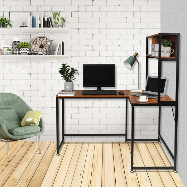 FCH Retro Color Panel, Black Steel Frame Particle Board Pasted With Triamine L-Shaped Right Angle Desk With Shelf Layer Computer Desk