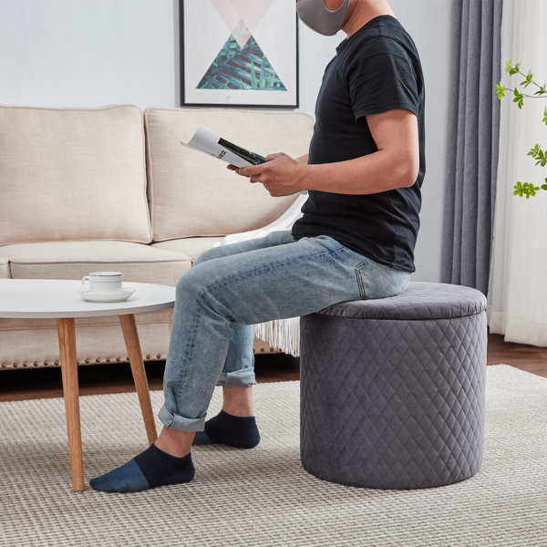  45cm Velvet Round Footstool Storage Ottoman Stool, Oversized Padded Seat Pouffes Vanity Chair with Lattice Design Lids Footrest for Living Room Bedroom (Grey)