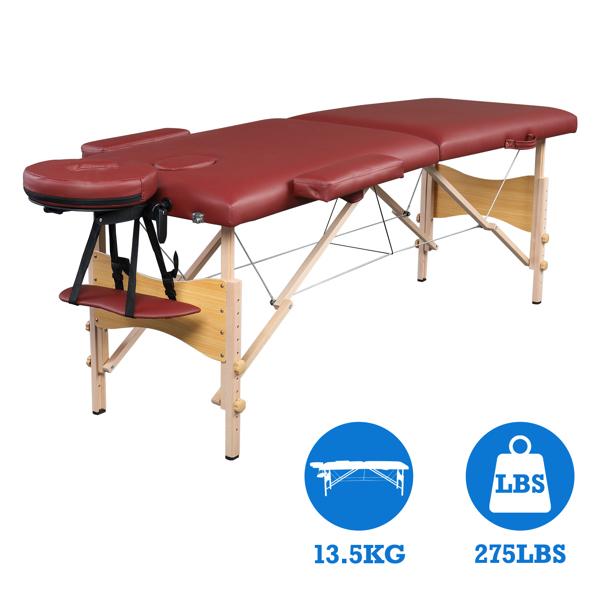 84" 2 Sections Folding Portable Beech Leg Beauty Massage Table 60CM Wide Adjustable Height Wine Red 