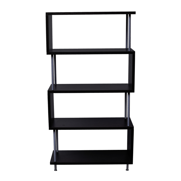 S-Shaped 5 Shelf Bookcase, Wooden Z Shaped 5-Tier Vintage Industrial Etagere Bookshelf Stand for Home Office Living Room Decor Books Display（Dark Brown）