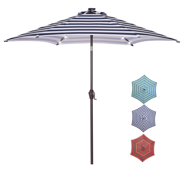 Outdoor Patio 8.7-Feet Market Table Umbrella with Push Button Tilt and Crank, Blue White Stripes With 24 LED Lights[Umbrella Base is not Included]