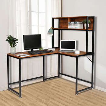 Retro Color Panel, Black Steel Frame Particle Board Pasted With Triamine L-Shaped Right Angle Desk With Shelf Layer Computer Desk