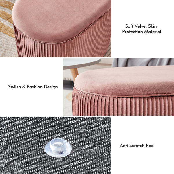Modern Vanity Stool Velvet Ottoman Storage Footrest, Pouffe Oval Dressing Vanity Side Table Seat, Upholstered Chair for Living Room, Bedroom (Pink)
