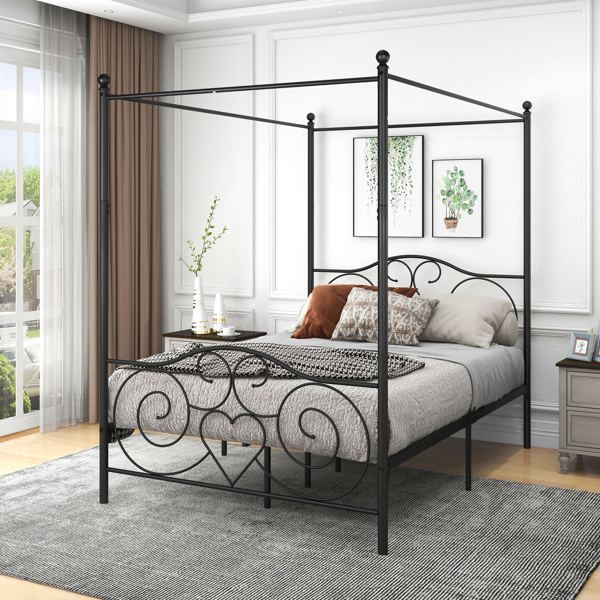 Metal Canopy Bed Frame with Vintage Style Headboard & Footboard / Easy DIY Assembly/ All Parts Included, Full Black