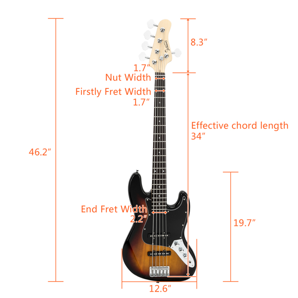 【Do Not Sell on Amazon】Full Size Glarry Gjazz Electric 5 String Bass Guitar 20W Amplifier Bag Strap Pick Connector Wrench Tool Sunset Color