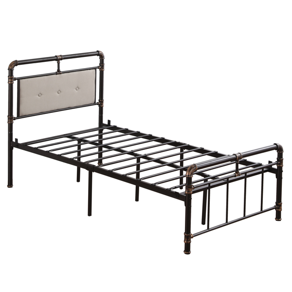 Single-Layer Bed Head and Soft Pull Button Bed End Standpipe Water Pipe Bed Twin Black Gold-Painted Iron Bed