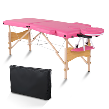 84\\" 2 Sections Folding Portable Beech Leg Beauty Massage Table 60CM Wide Adjustable Height Pink