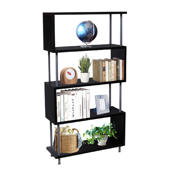 S-Shaped 5 Shelf Bookcase, Wooden Z Shaped 5-Tier Vintage Industrial Etagere Bookshelf Stand for Home Office Living Room Decor Books Display（Dark Brown）