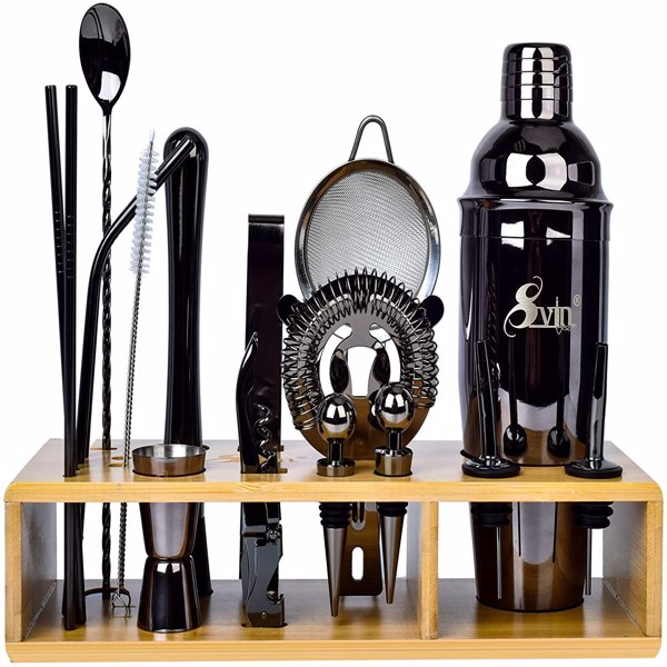 Svin Bartender Kit, 20 Piece Bar Tool Set with Bamboo Stand, Cocktail Shaker Set, Stainless Steel Bar Tools for Drink(Black)（Cannot be sold on Amazon）