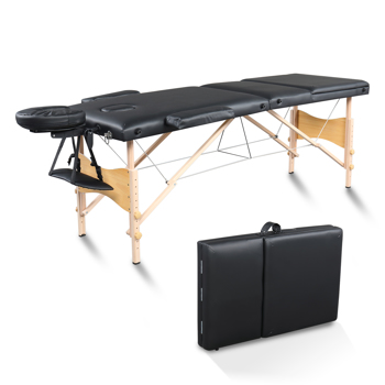 84\\" 3 Sections Folding Portable Beech Leg Beauty Massage Table 60CM Wide Adjustable Height Black 