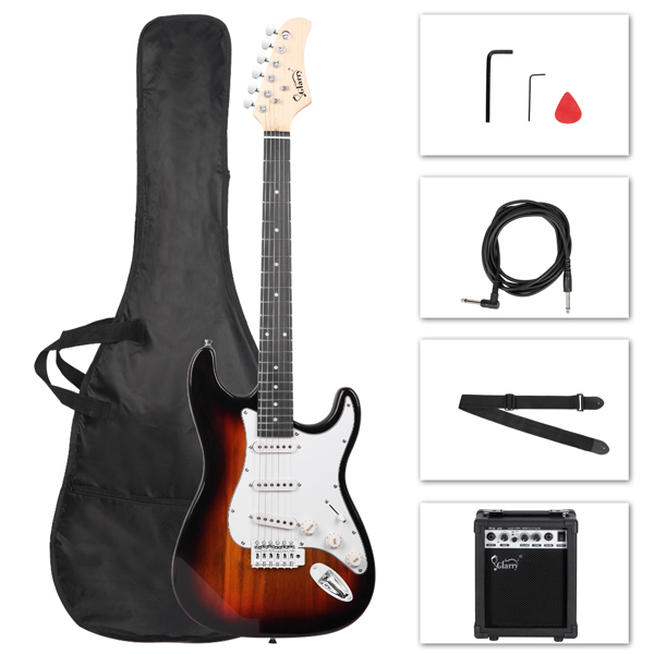【Do Not Sell on Amazon】Glarry GST Stylish Electric Guitar with SSS Pickup,White Pickguard, 20W Amplifier Sunset Color