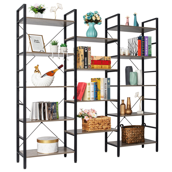 Triple Wide 5-Shelf Bookcase, Etagere Large Open Bookshelf Vintage Industrial Style Shelves Wood and Metal bookcases Furniture for Home & Office (Gray) 