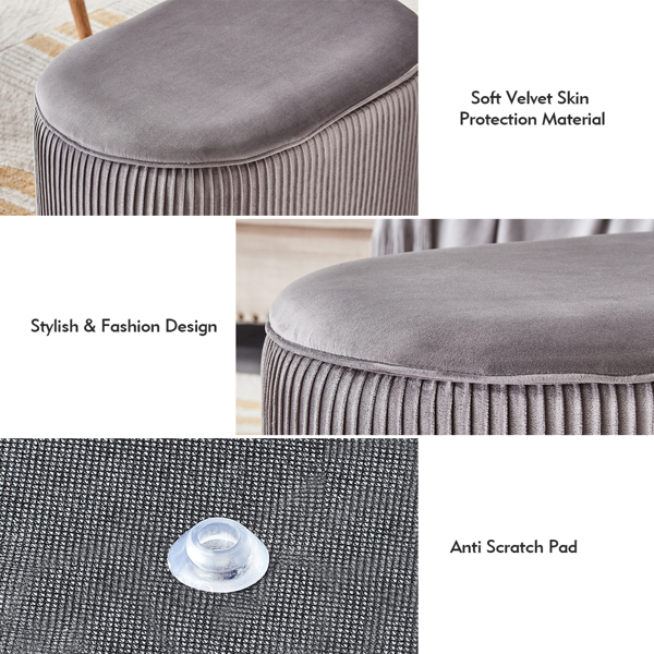 Modern Vanity Stool Velvet Ottoman Storage Footrest, Pouffe Oval Dressing Vanity Side Table Seat, Upholstered Chair for Living Room, Bedroom (Grey)